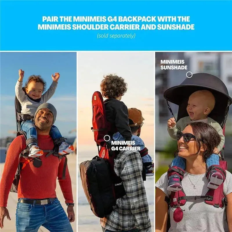 Minimeis G4 Backpack displayed with children in carriers; features a black and grey design, ideal for family outings.