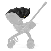 Doona X Summer Canopy in Nitro Black, featuring a sleek black fabric with mesh paneling for ventilation, mounted on a Doona stroller.