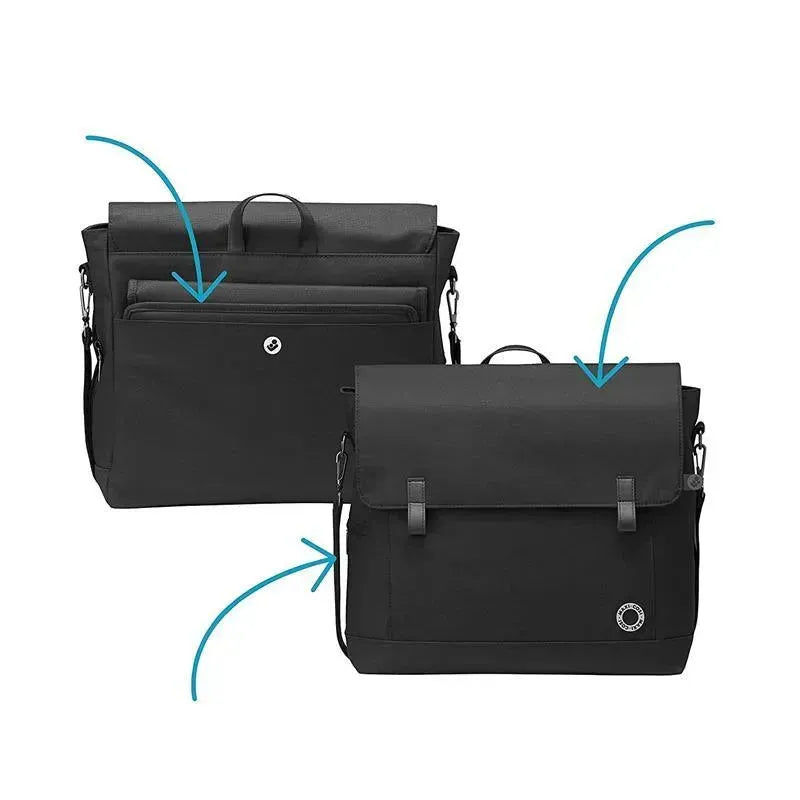 Black diaper bag featuring multiple compartments, adjustable shoulder straps, and a sleek design.