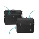 Black diaper bag featuring multiple compartments, adjustable shoulder straps, and a sleek design.