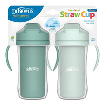 10 oz insulated straw cups in green, 2-pack, featuring soft silicone straws and ergonomic handles, BPA-free.