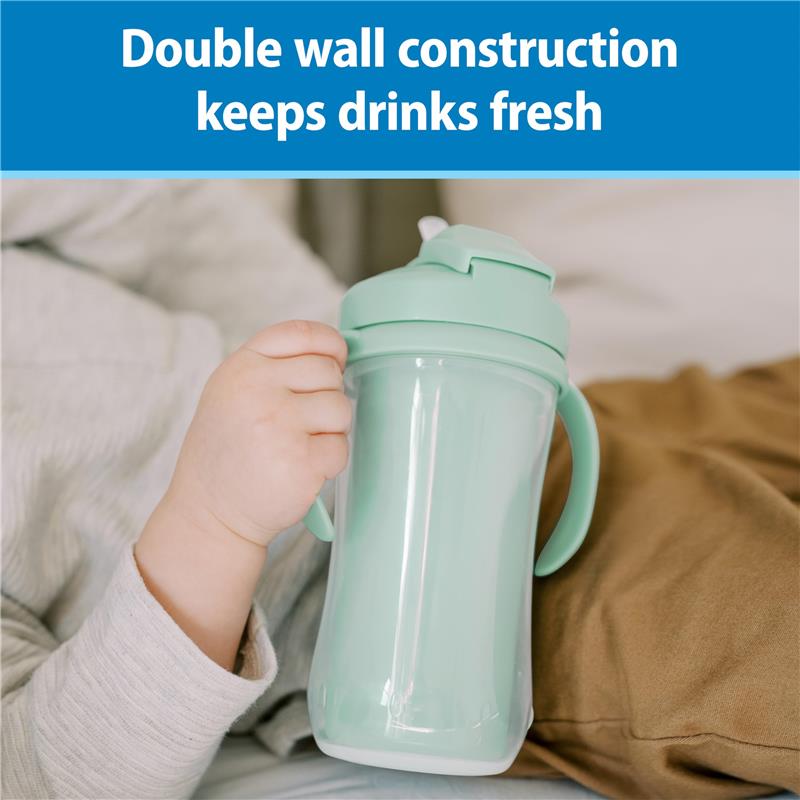 10 oz green insulated straw cup held by a child, featuring a double wall design to keep drinks fresh.