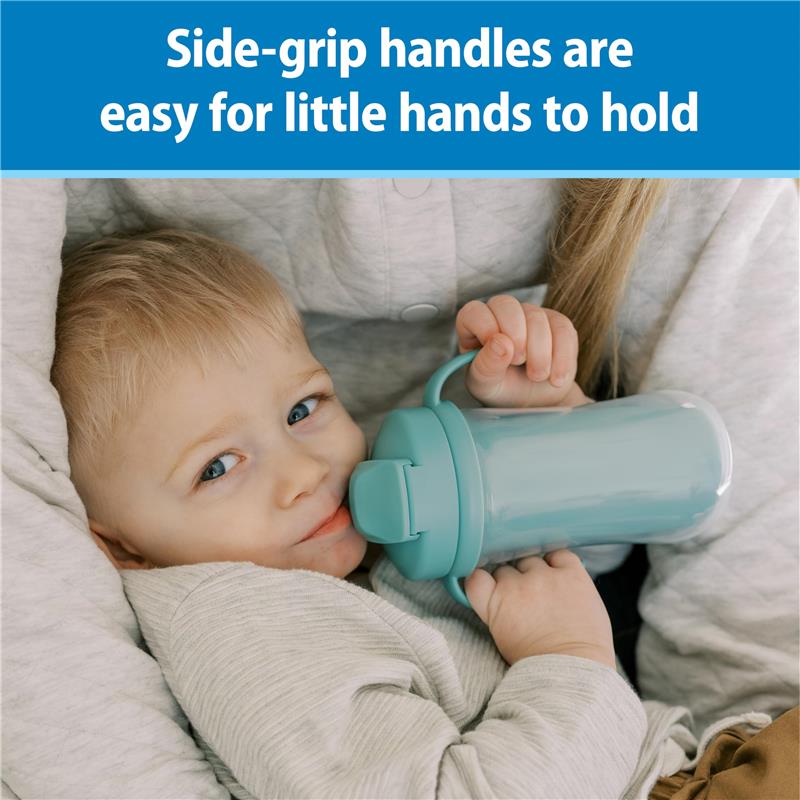 Dr. Brown 10 oz insulated straw cup in green, held by a toddler with side-grip handles, designed for easy holding.