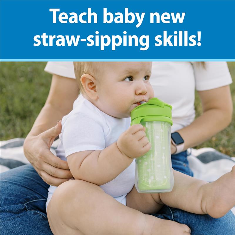 Dr. Brown 10 oz insulated straw cup in pink and green held by a baby, promoting straw-sipping skills.