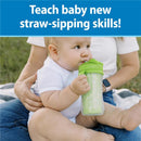 Dr. Brown 10 oz insulated straw cup in pink and green held by a baby, promoting straw-sipping skills.