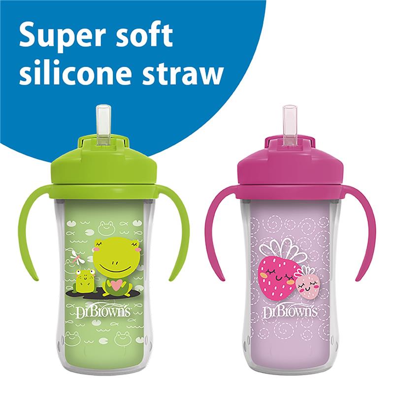10 oz insulated straw cups in pink and green, featuring cute frog and strawberry designs, with soft silicone straws.