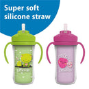 10 oz insulated straw cups in pink and green, featuring cute frog and strawberry designs, with soft silicone straws.