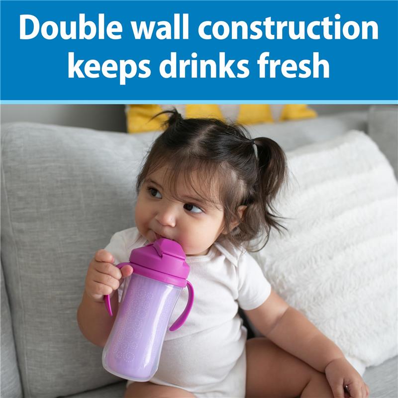 10 oz insulated straw cup with a pink lid and handles, held by a child wearing a white onesie, promoting freshness.