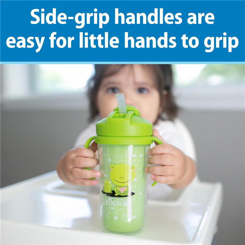 Dr. Brown 10 oz insulated straw cup in pink and green, featuring frogs, held by a child with side-grip handles.