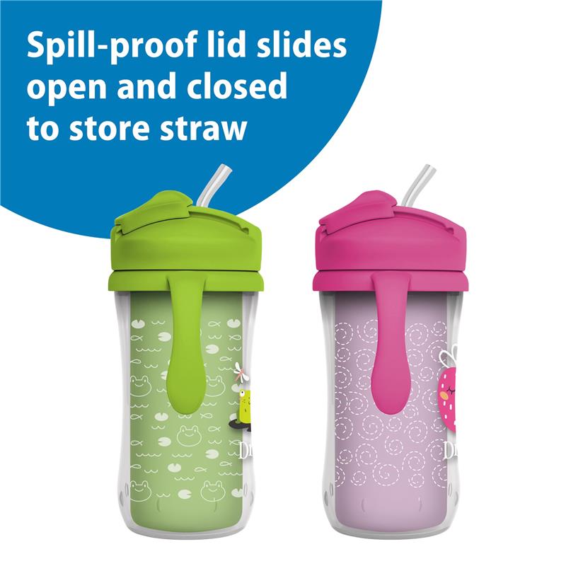 Insulated straw cups in pink and green with spill-proof lids; features playful designs of frogs and bugs.