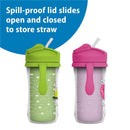 Insulated straw cups in pink and green with spill-proof lids; features playful designs of frogs and bugs.