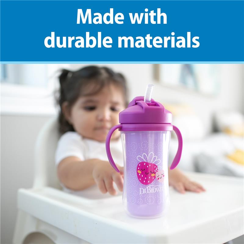 Dr. Brown 10 oz insulated straw cup in pink and green with strawberry frog design, held by a child.