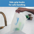 Dr Brown 100% silicone microwave steam sterilizer bag being held over a faucet, highlighting side-grip hooks for safe handling.
