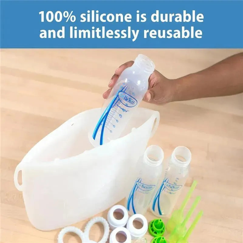 100% silicone microwave steam sterilizer bag with bottles and accessories, highlighting durability and reusability.