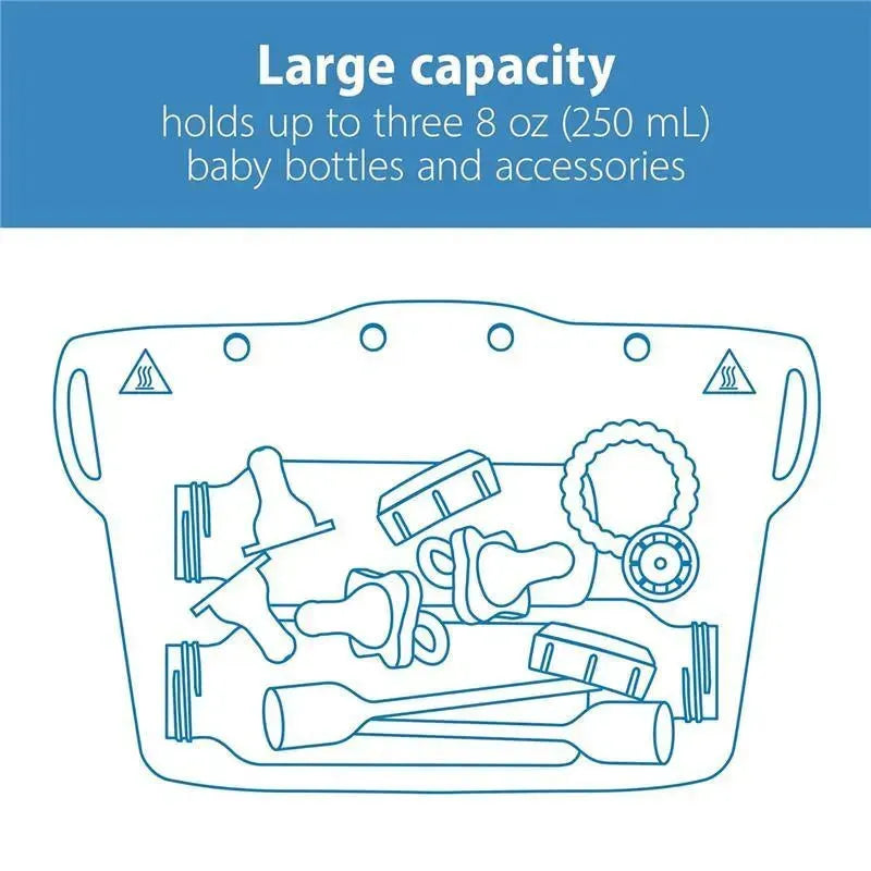 Large capacity reusable silicone sterilizer bag displaying baby bottles and accessories with text indicating it holds three 8 oz bottles.