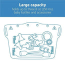 Large capacity reusable silicone sterilizer bag displaying baby bottles and accessories with text indicating it holds three 8 oz bottles.