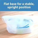 Reusable silicone sterilizer bag with a flat base for stability, featuring blue designs and instructions.
