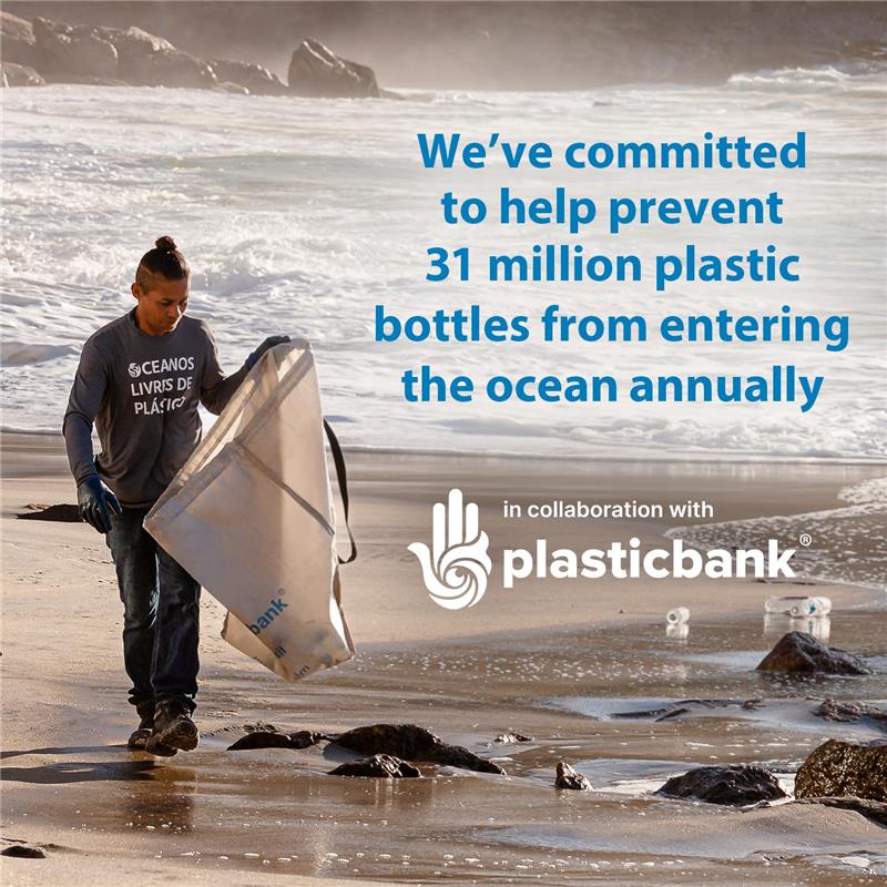 Man collecting plastic waste on the beach, promoting efforts to prevent 31 million plastic bottles from entering the ocean annually.