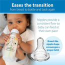 Narrow baby bottle with bear design held by a baby, featuring a clear nipple shape promoting proper latch.