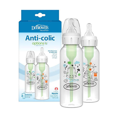 Dr. Brown 2-pack Anti-Colic Options+ narrow baby bottles, 8oz, featuring frog and pig designs.
