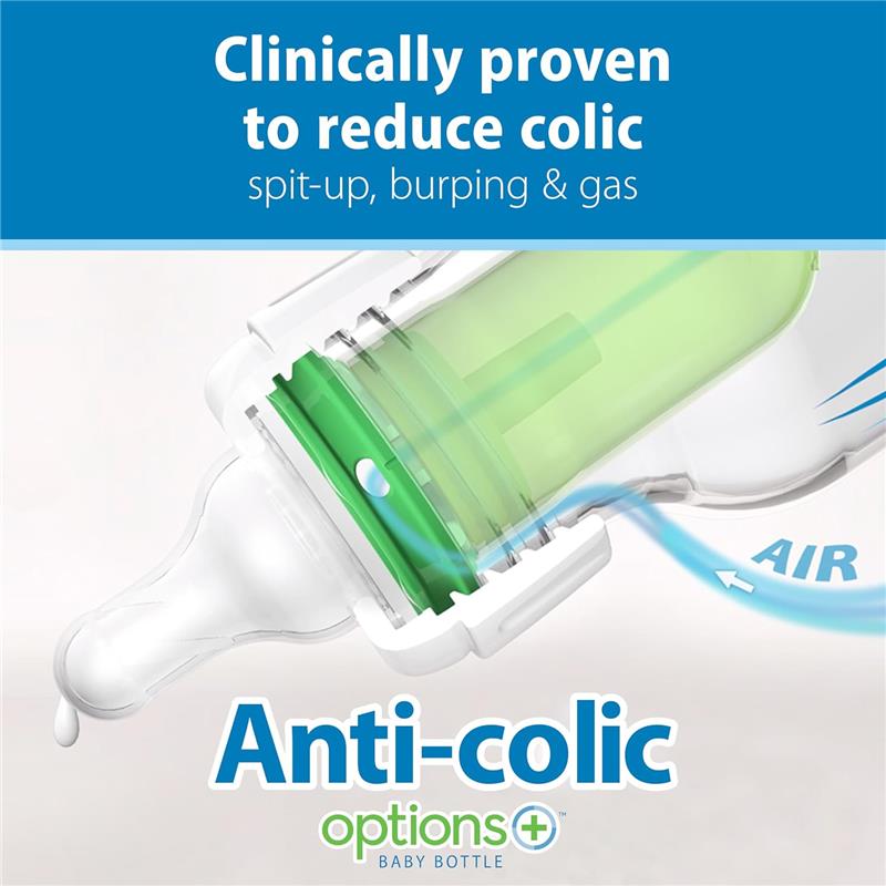 Dr. Brown 8oz Anti-Colic baby bottle with green vent system, promoting reduced colic, spit-up, and gas.
