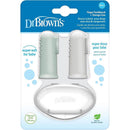 Silicone finger toothbrushes in gray and light green with a storage case, designed for baby oral care, BPA-free.