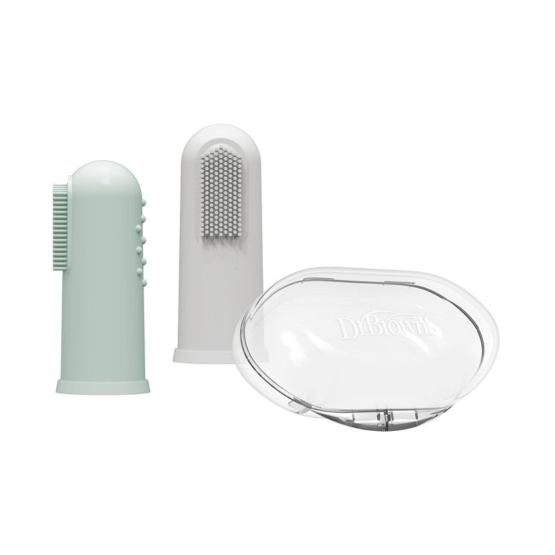 Two silicone finger toothbrushes in gray and light green with a transparent carrying case.
