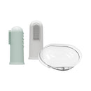 Two silicone finger toothbrushes in gray and light green with a transparent carrying case.