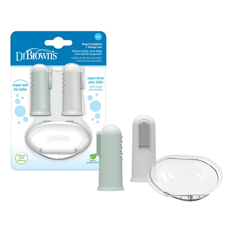 Two silicone finger toothbrushes in gray and light green with a clear storage case, designed for babies, displayed on a card.