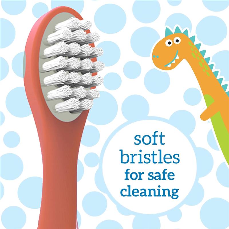 Toddler toothbrush with a red handle and soft bristles for gentle cleaning, featuring a friendly dinosaur illustration and text about safe use.