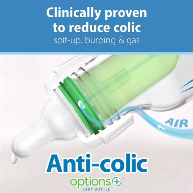 Clinically proven anti-colic baby bottle with a narrow design and slow flow nipple, designed to reduce spit-up and gas.