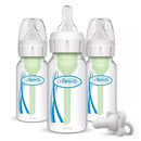 Three Dr. Brown 4 oz narrow anti-colic baby bottles with green nipples and a white pacifier.