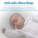 Baby sleeping peacefully in a white onesie, promoting anti-colic feeding benefits for better sleep.