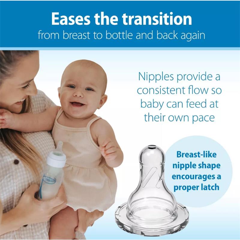 Dr. Brown 4 oz anti-colic baby bottle with a clear nipple, showing a smiling baby and a mother holding the bottle.