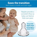 Dr. Brown 4 oz anti-colic baby bottle with a clear nipple, showing a smiling baby and a mother holding the bottle.