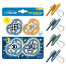 Dr. Brown 4Pk Advantage glow-in-the-dark pacifiers featuring two designs for day and night use, suitable for ages 6-18 months.