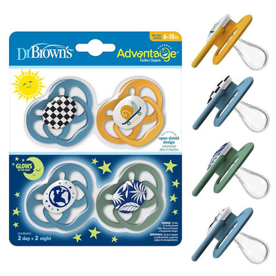 Dr. Brown 4Pk Advantage glow-in-the-dark pacifiers featuring two designs for day and night use, suitable for ages 6-18 months.