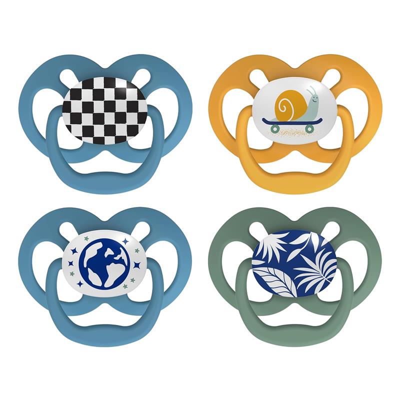 Set of four Dr. Brown baby pacifiers, featuring glow-in-the-dark designs with nature themes and a checker pattern.