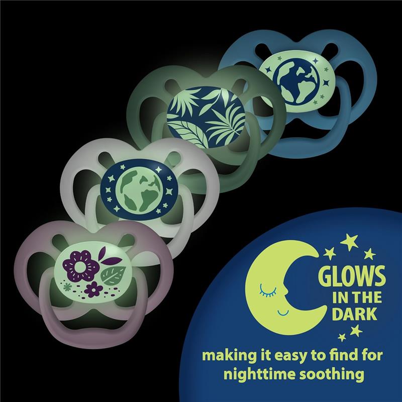 Dr. Brown 4-pack glow-in-the-dark pacifiers, featuring nature-themed designs, for nighttime soothing.