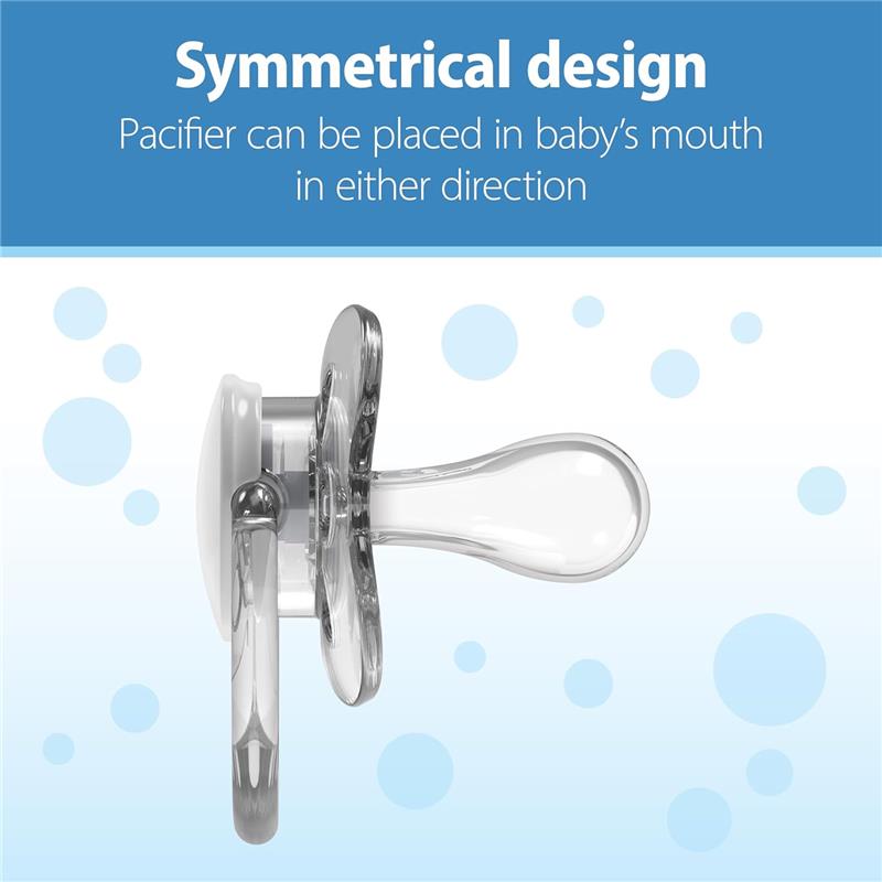 Symmetrical design pacifier, suitable for baby, can be inserted either way; translucent with light blue background.
