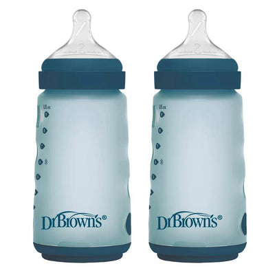 Two Dr. Brown 9 oz silicone baby bottles in blue, featuring measurement markings and nipples on top.