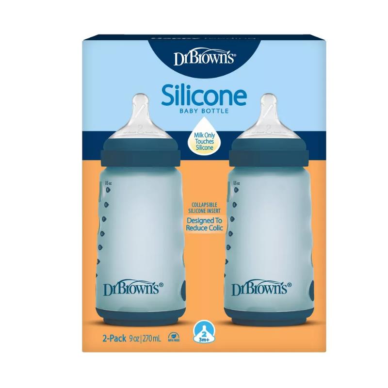 Dr. Brown 9 Oz/270Ml Silicone Baby Bottle, Blue, 2Pk