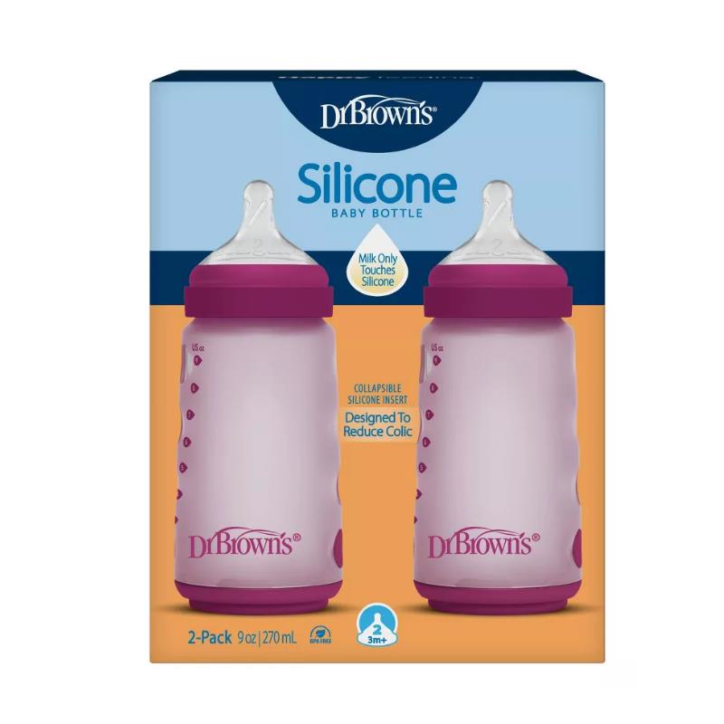 Dr. Brown 9 Oz/270Ml Silicone Baby Bottle, Pink, 2Pk