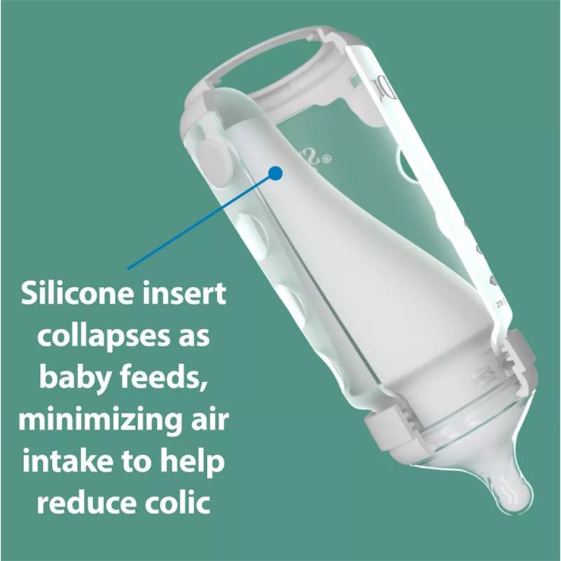 Dr. Brown 9 oz silicone baby bottle in pink, featuring a collapsing insert to minimize air intake and reduce colic.