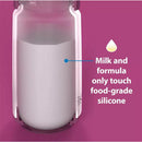Dr. Brown 9 oz silicone baby bottle in pink, showing milk and formula touching only food-grade silicone, with highlighted text.