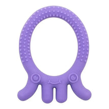 Purple octopus-shaped teether featuring textured surfaces and a smiling face, designed for infants to soothe gums.
