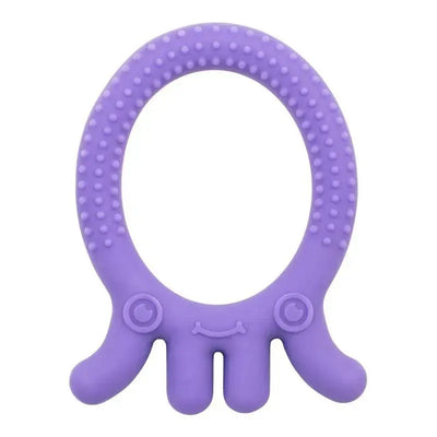 Purple octopus-shaped teether featuring textured surfaces and a smiling face, designed for infants to soothe gums.