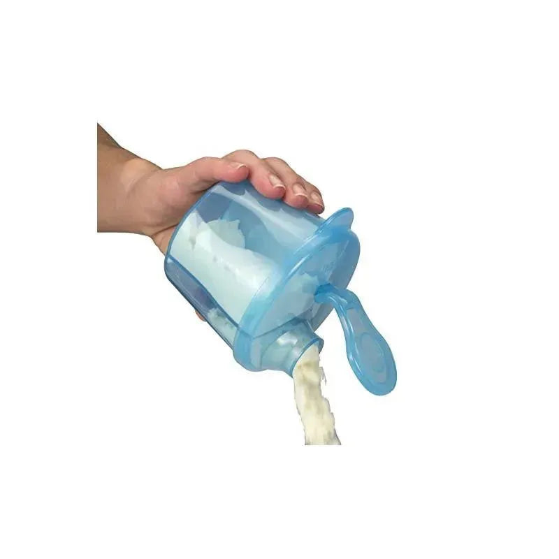 Blue Dr. Brown Formula Caddy being held, dispensing powdered formula from its spout.