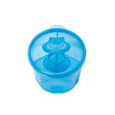 Dr. Brown Formula Caddy in blue, featuring a round container with a secure lid and inner divider for formula storage.