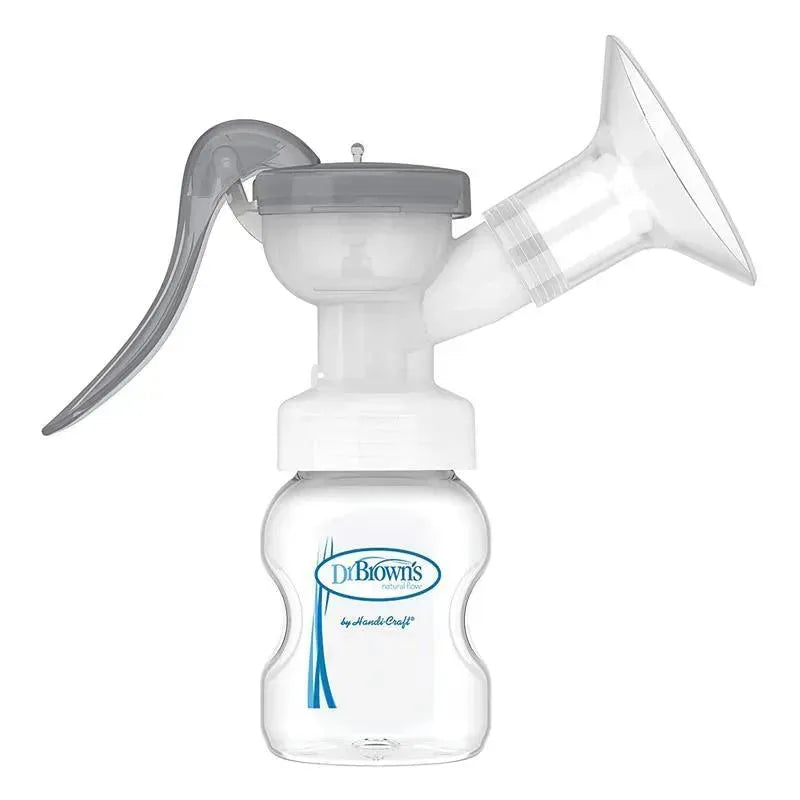 Manual breast pump with soft silicone shield, bottle attachment, and gray handle for breastfeeding support.